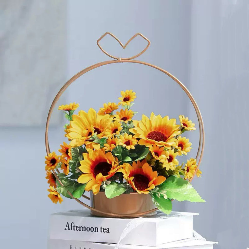 Free Shipping Heart Shaped Golden Metal Basket Artificial Silk Flower Table and Home Decor
