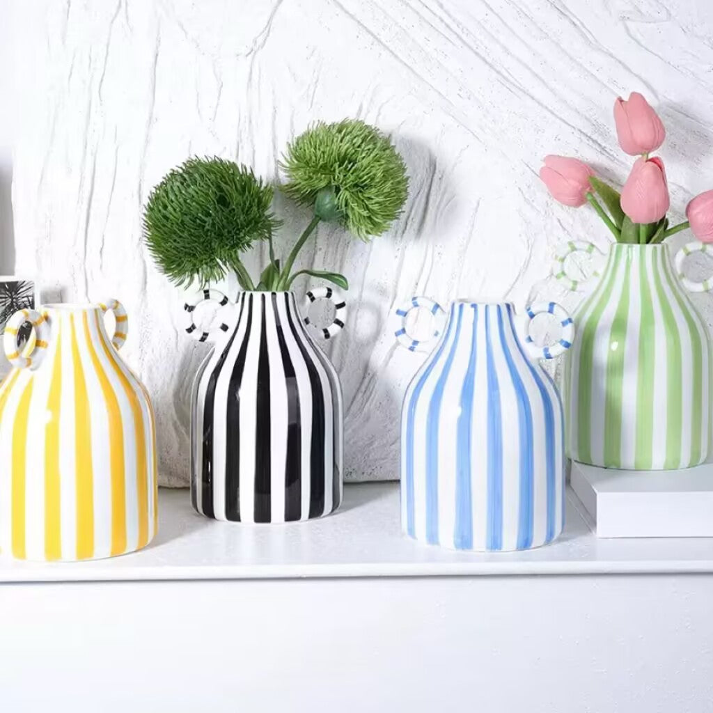 Colorful Vertical Striped Double Ear Ceramic Vase