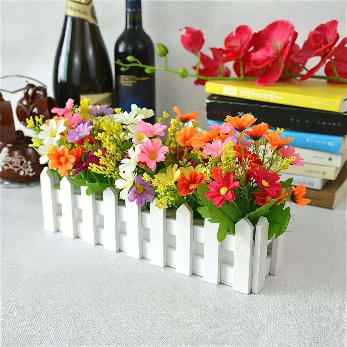 Free Shipping Artificial Flowers Plants With Wooden Fence Home and Shop Party Decor