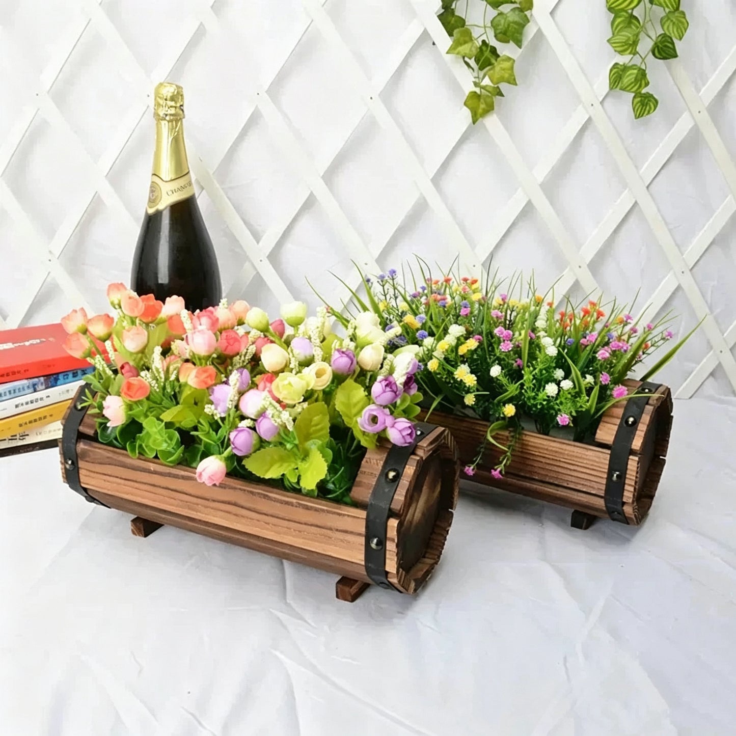 Free Shipping Artificial Flowers Plants With Wooden Bucket Home Shop Bar Decor