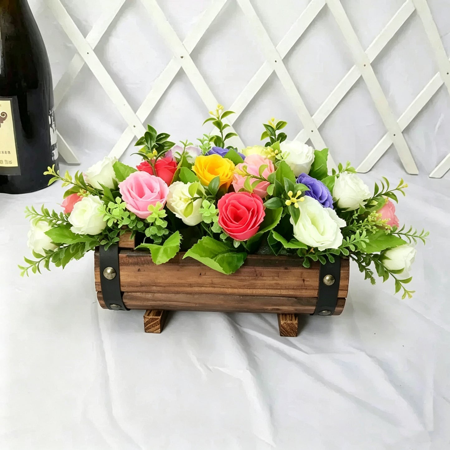 Free Shipping Artificial Flowers Plants With Wooden Bucket Home Shop Bar Decor