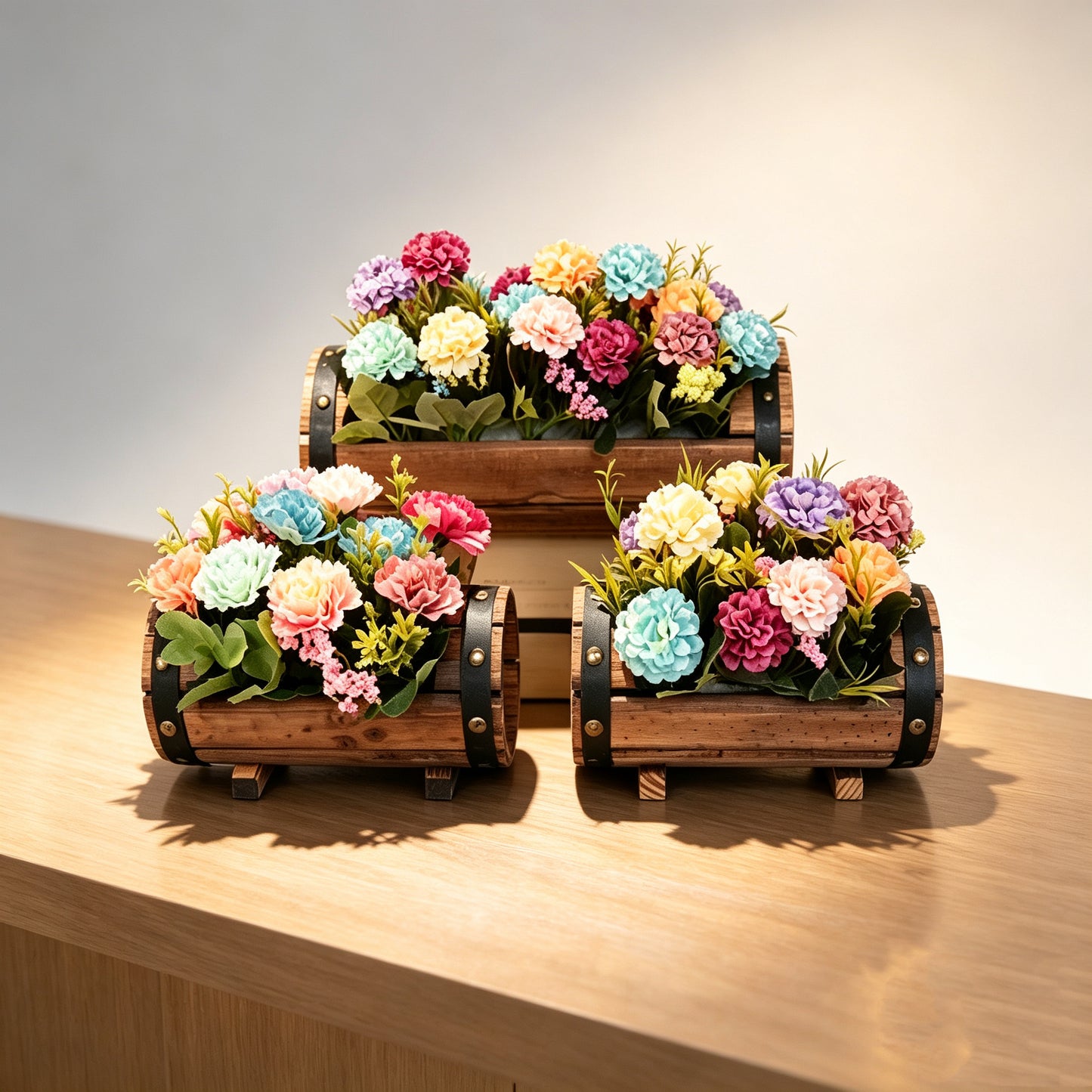 Free Shipping Artificial Flowers Plants With Wooden Bucket Home Shop Bar Decor