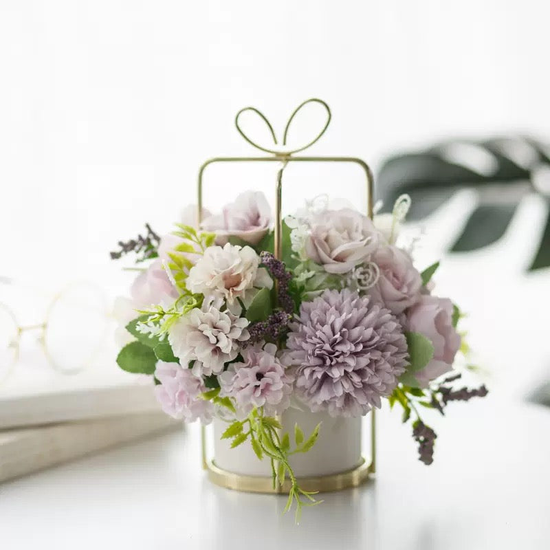 Free Shipping Gift Box Shaped Golden Metal Basket Artificial Silk Flower Table and Home Decor