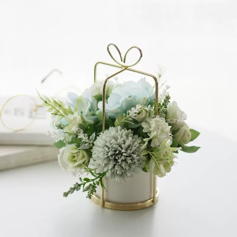 Free Shipping Gift Box Shaped Golden Metal Basket Artificial Silk Flower Table and Home Decor