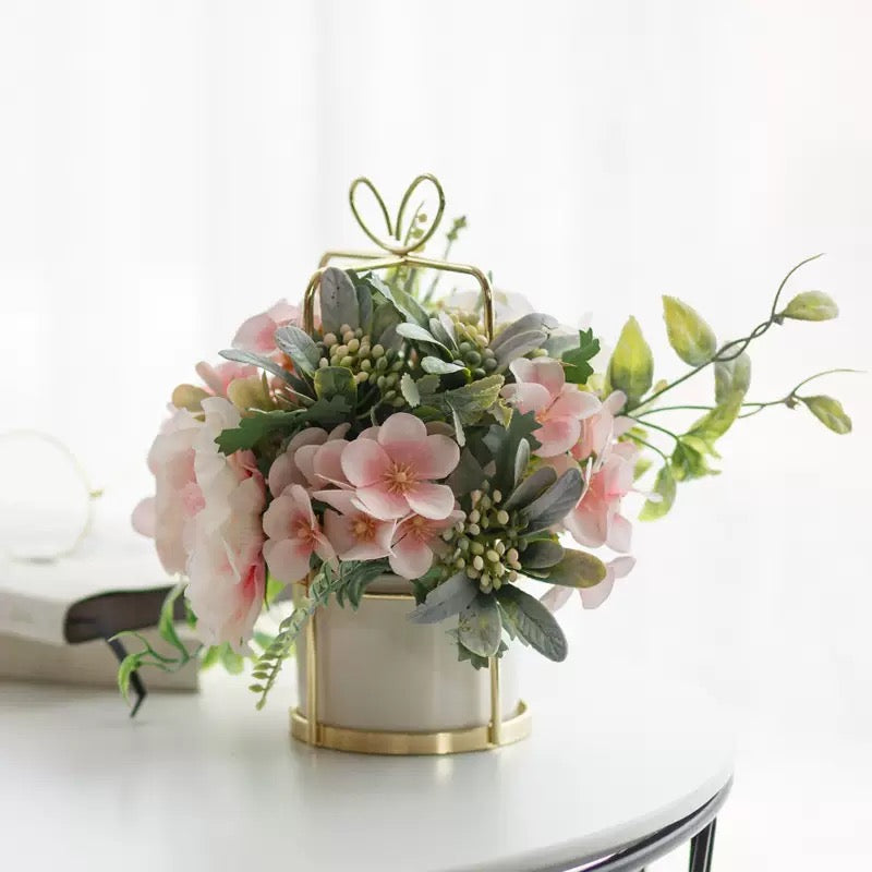Free Shipping Gift Box Shaped Golden Metal Basket Artificial Silk Flower Table and Home Decor
