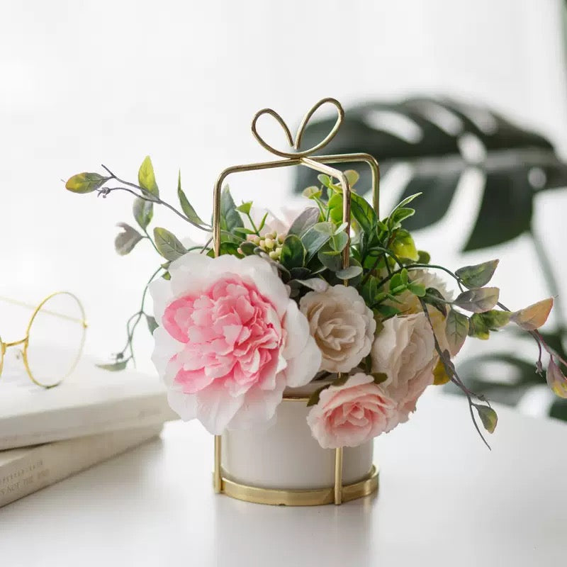 Free Shipping Gift Box Shaped Golden Metal Basket Artificial Silk Flower Table and Home Decor