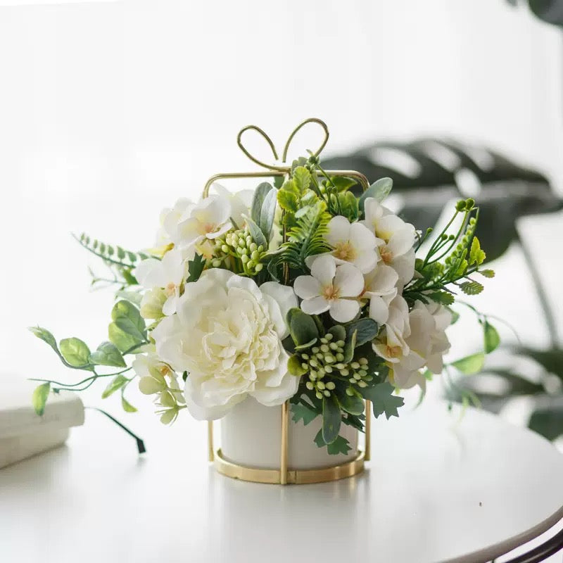 Free Shipping Gift Box Shaped Golden Metal Basket Artificial Silk Flower Table and Home Decor