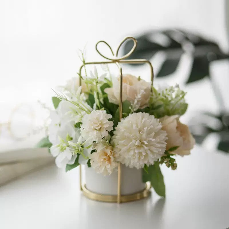 Free Shipping Gift Box Shaped Golden Metal Basket Artificial Silk Flower Table and Home Decor