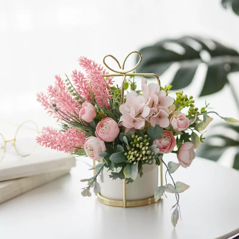 Free Shipping Gift Box Shaped Golden Metal Basket Artificial Silk Flower Table and Home Decor