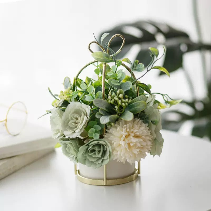 Free Shipping Gift Box Shaped Golden Metal Basket Artificial Silk Flower Table and Home Decor