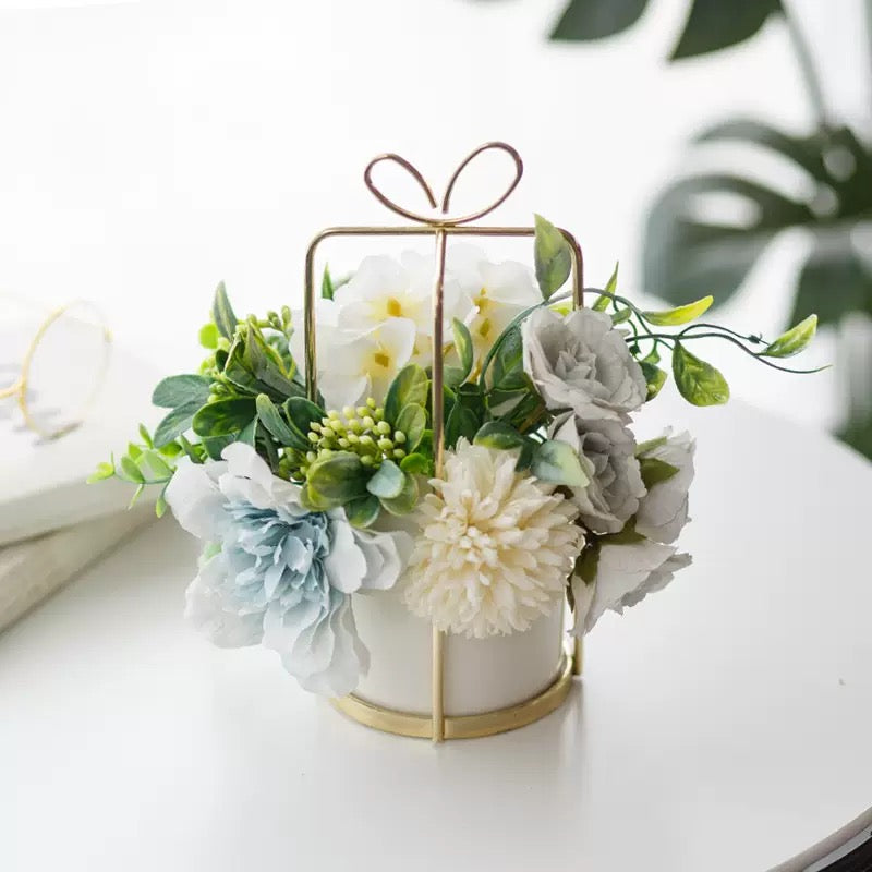 Free Shipping Gift Box Shaped Golden Metal Basket Artificial Silk Flower Table and Home Decor