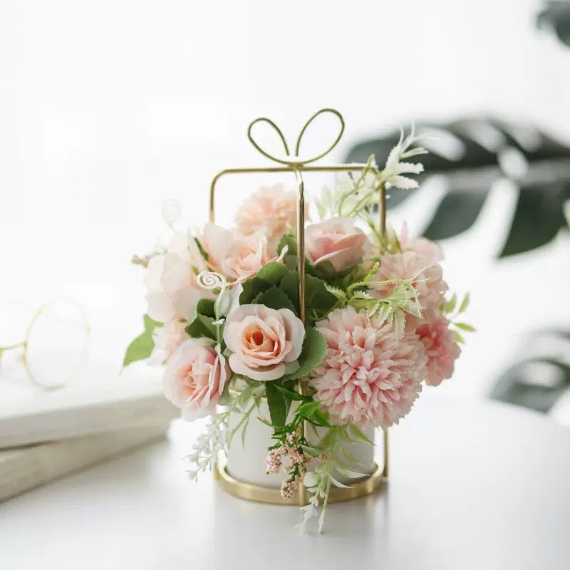 Free Shipping Gift Box Shaped Golden Metal Basket Artificial Silk Flower Table and Home Decor