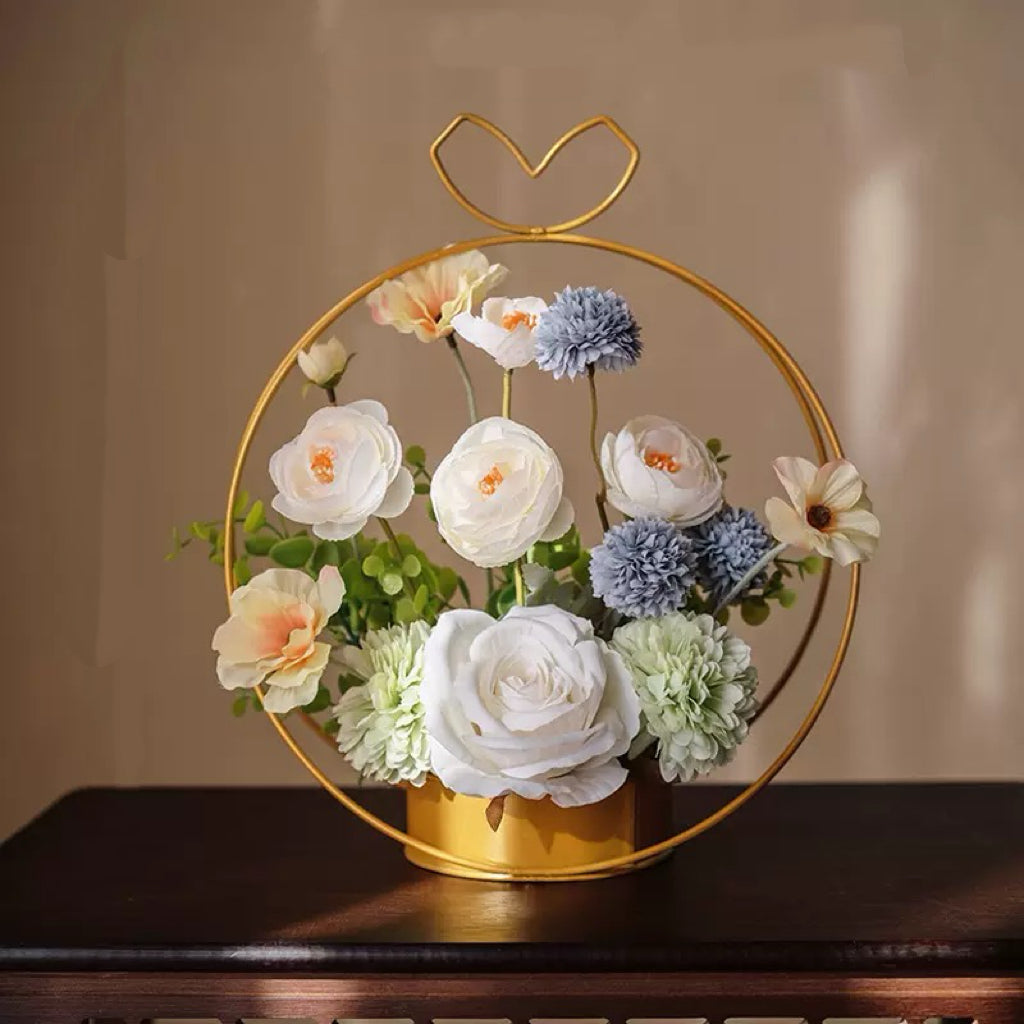 Free Shipping Heart Shaped Golden Metal Basket Artificial Silk Flower Table and Home Decor