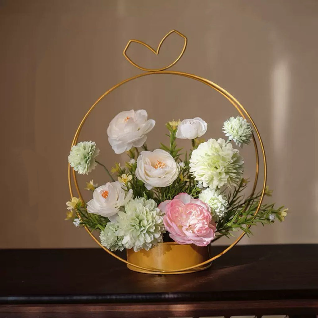 Free Shipping Heart Shaped Golden Metal Basket Artificial Silk Flower Table and Home Decor
