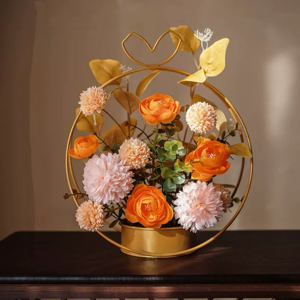 Free Shipping Heart Shaped Golden Metal Basket Artificial Silk Flower Table and Home Decor