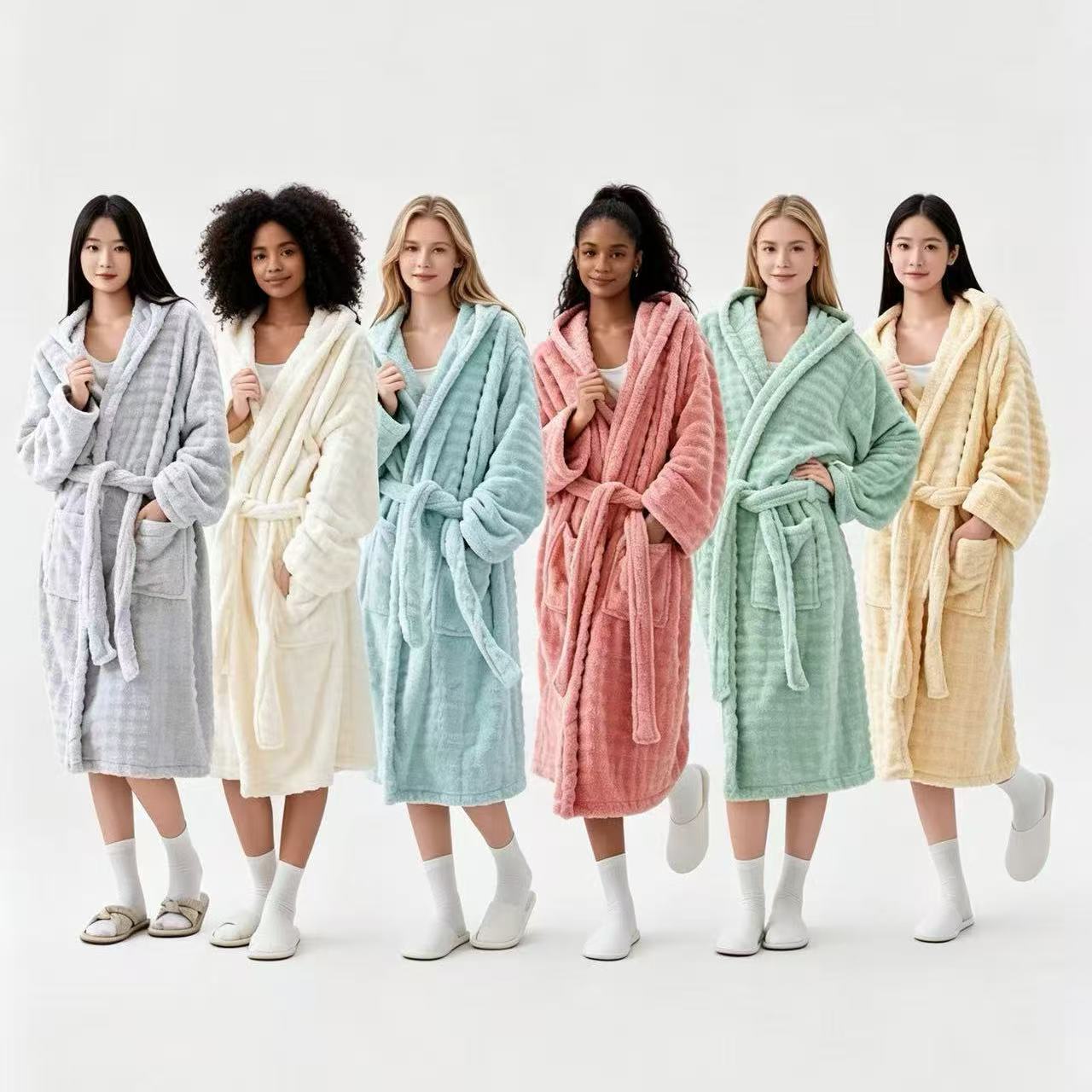 Free Shipping Women Cloud‑Soft Coral Fleece Hooded Bath Robe Long Warm Loungewear Pijama Robe with Pockets
