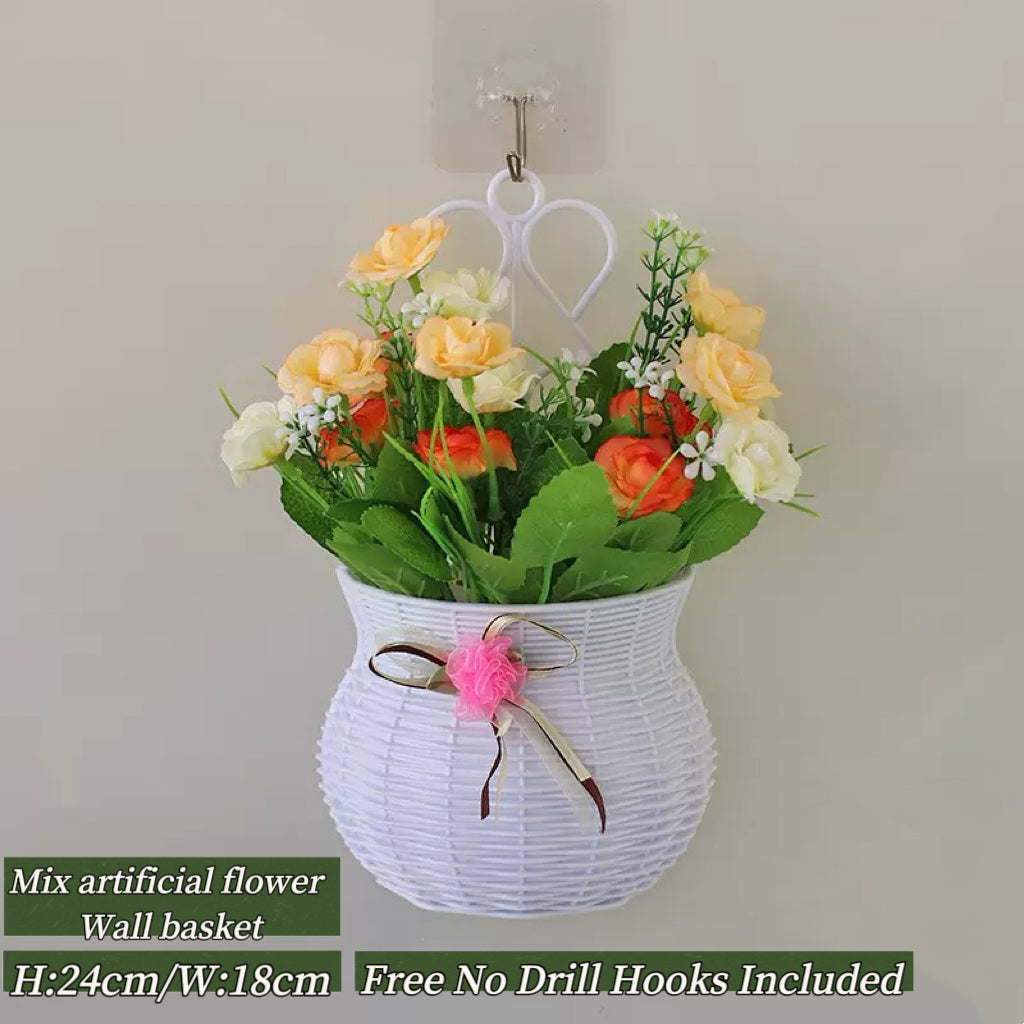 Home Decor Artificial Flowers Hanging Basket Wall Decor No Drilling Hook