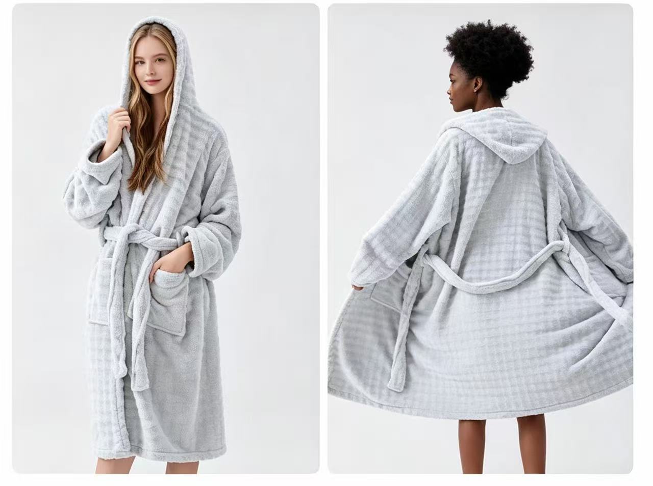 Free Shipping Women Cloud‑Soft Coral Fleece Hooded Bath Robe Long Warm Loungewear Pijama Robe with Pockets