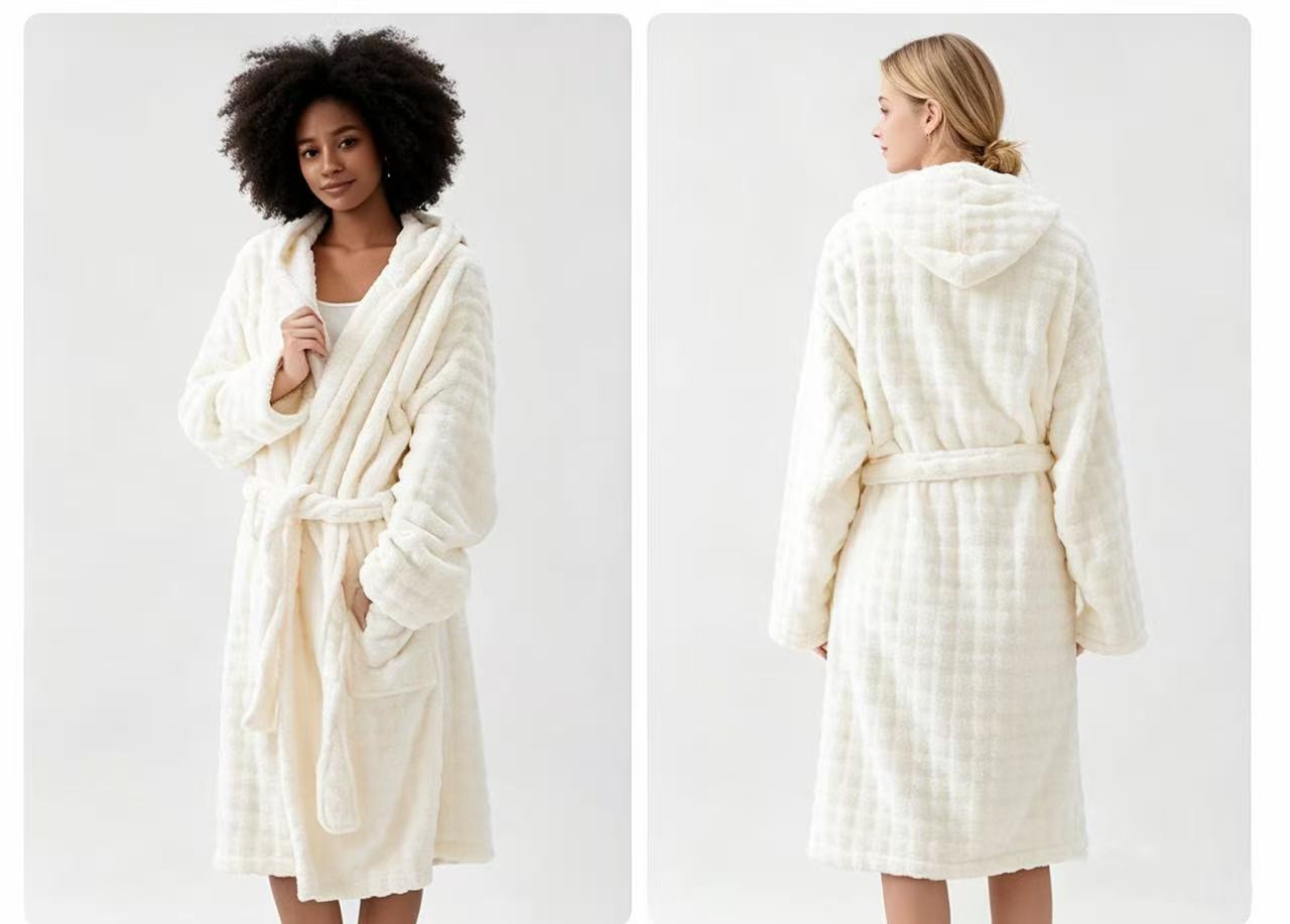 Free Shipping Women Cloud‑Soft Coral Fleece Hooded Bath Robe Long Warm Loungewear Pijama Robe with Pockets