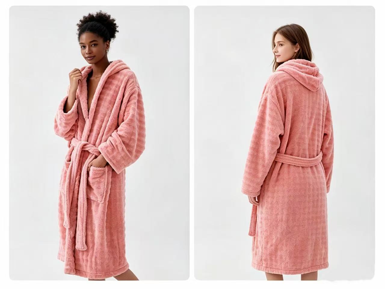 Free Shipping Women Cloud‑Soft Coral Fleece Hooded Bath Robe Long Warm Loungewear Pijama Robe with Pockets