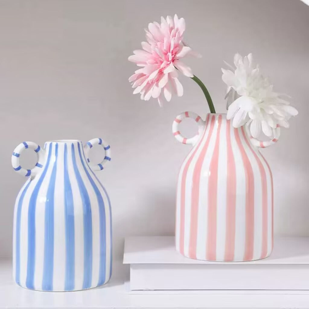 Colorful Vertical Striped Double Ear Ceramic Vase